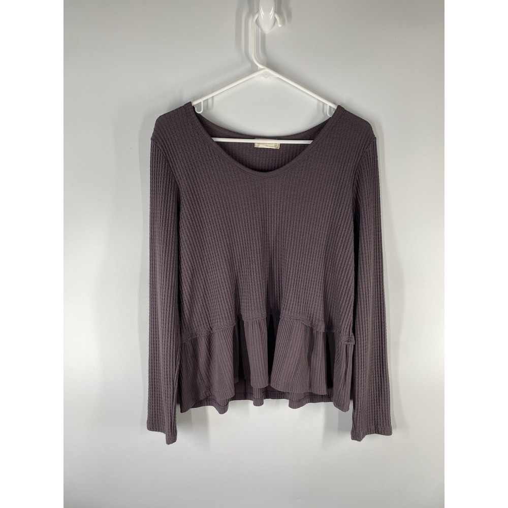 Altar'd State Waffle Knit Long Sleeve Ruffle Hem Blouse Size XL Gray